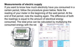 Measurements of electric supply
If you want to know how much electricity have you consumed in a
certain period, follow the procedure given below. Note the
reading of your meter in the beginning of the said period. At the
end of that period, note the reading again. The difference of both
the readings is equal to the amount of electrical energy
consumed. The total price can be calculated by multiplying the
consumed energy with the rate of units of electricity.
 