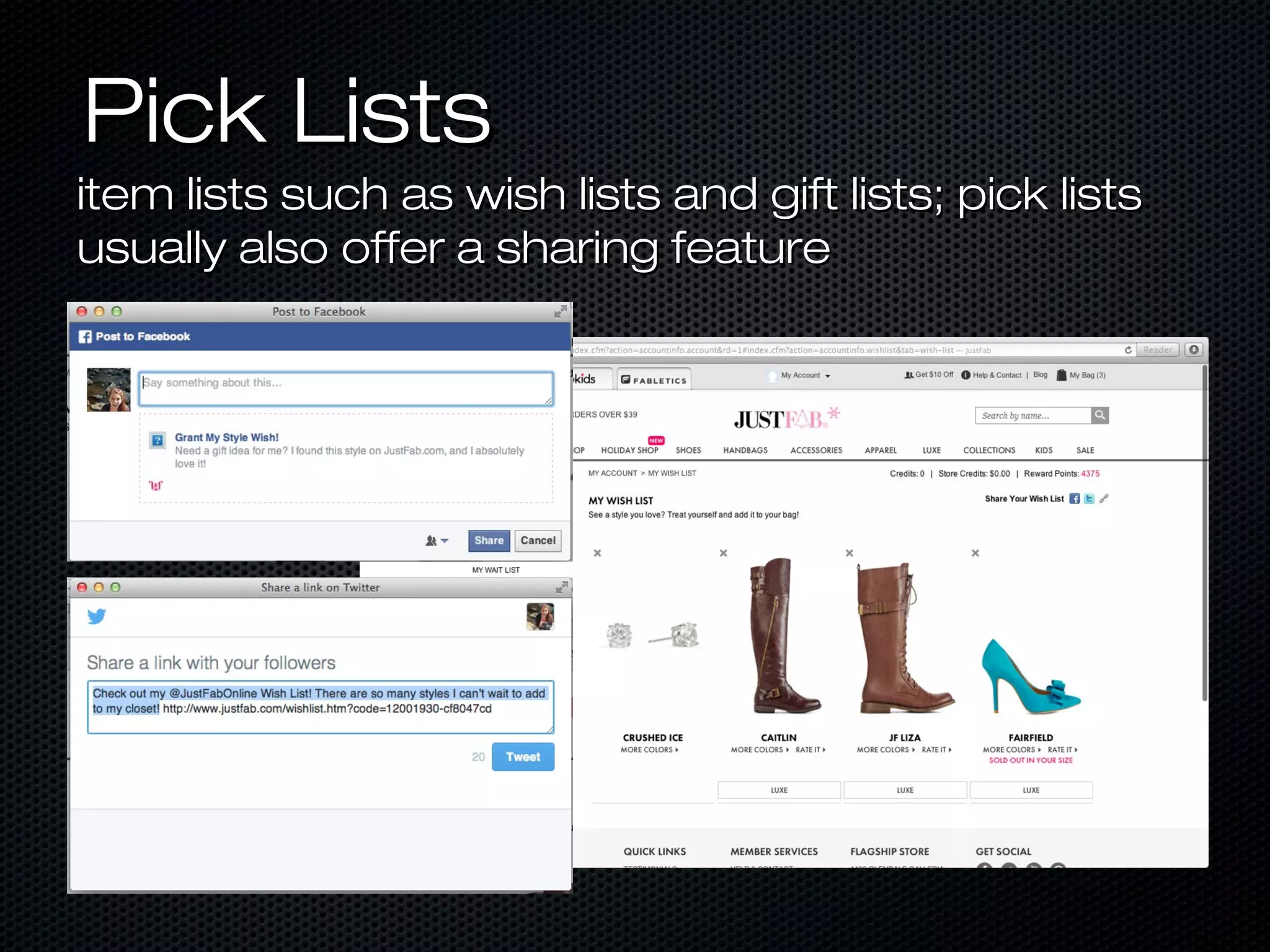 PPiicckk LLiissttss 
iitteemm lliissttss ssuucchh aass wwiisshh lliissttss aanndd ggiifftt lliissttss;; ppiicckk lliissttss 
uussuuaallllyy aallssoo ooffffeerr aa sshhaarriinngg ffeeaattuurree 
 