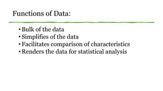 Functions of Data:
•Bulk of the data
•Simplifies of the data
•Facilitates comparison of characteristics
•Renders the data for statistical analysis
 