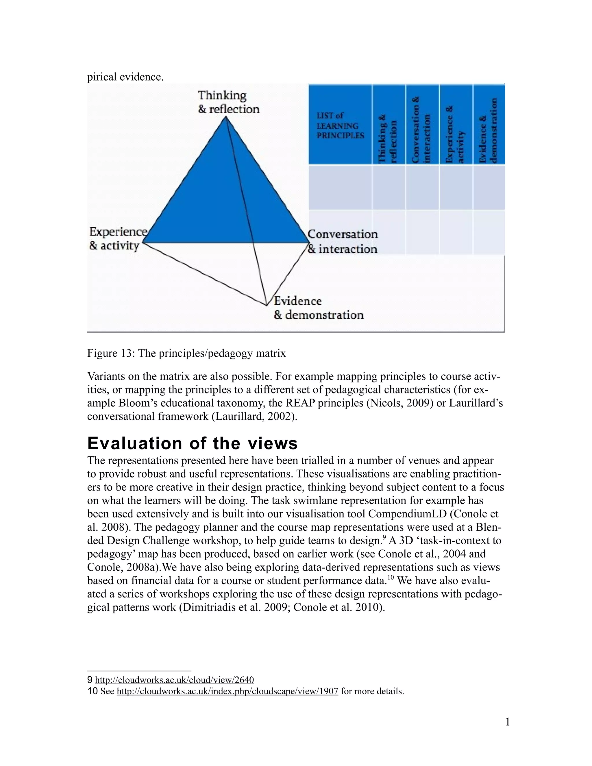 pirical evidence.




Figure 13: The principles/pedagogy matrix
Variants on the matrix are also possible. For example mapping principles to course activ-
ities, or mapping the principles to a different set of pedagogical characteristics (for ex-
ample Bloom’s educational taxonomy, the REAP principles (Nicols, 2009) or Laurillard’s
conversational framework (Laurillard, 2002).

Evaluation of the views
The representations presented here have been trialled in a number of venues and appear
to provide robust and useful representations. These visualisations are enabling practition-
ers to be more creative in their design practice, thinking beyond subject content to a focus
on what the learners will be doing. The task swimlane representation for example has
been used extensively and is built into our visualisation tool CompendiumLD (Conole et
al. 2008). The pedagogy planner and the course map representations were used at a Blen-
ded Design Challenge workshop, to help guide teams to design.9 A 3D ‘task-in-context to
pedagogy’ map has been produced, based on earlier work (see Conole et al., 2004 and
Conole, 2008a).We have also being exploring data-derived representations such as views
based on financial data for a course or student performance data.10 We have also evalu-
ated a series of workshops exploring the use of these design representations with pedago-
gical patterns work (Dimitriadis et al. 2009; Conole et al. 2010).




9 http://cloudworks.ac.uk/cloud/view/2640
10 See http://cloudworks.ac.uk/index.php/cloudscape/view/1907 for more details.


                                                                                               1
 