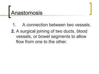Anastomosis

1. A connection between two vessels.
2. A surgical joining of two ducts, blood
   vessels, or bowel segments to allow
   flow from one to the other.
 