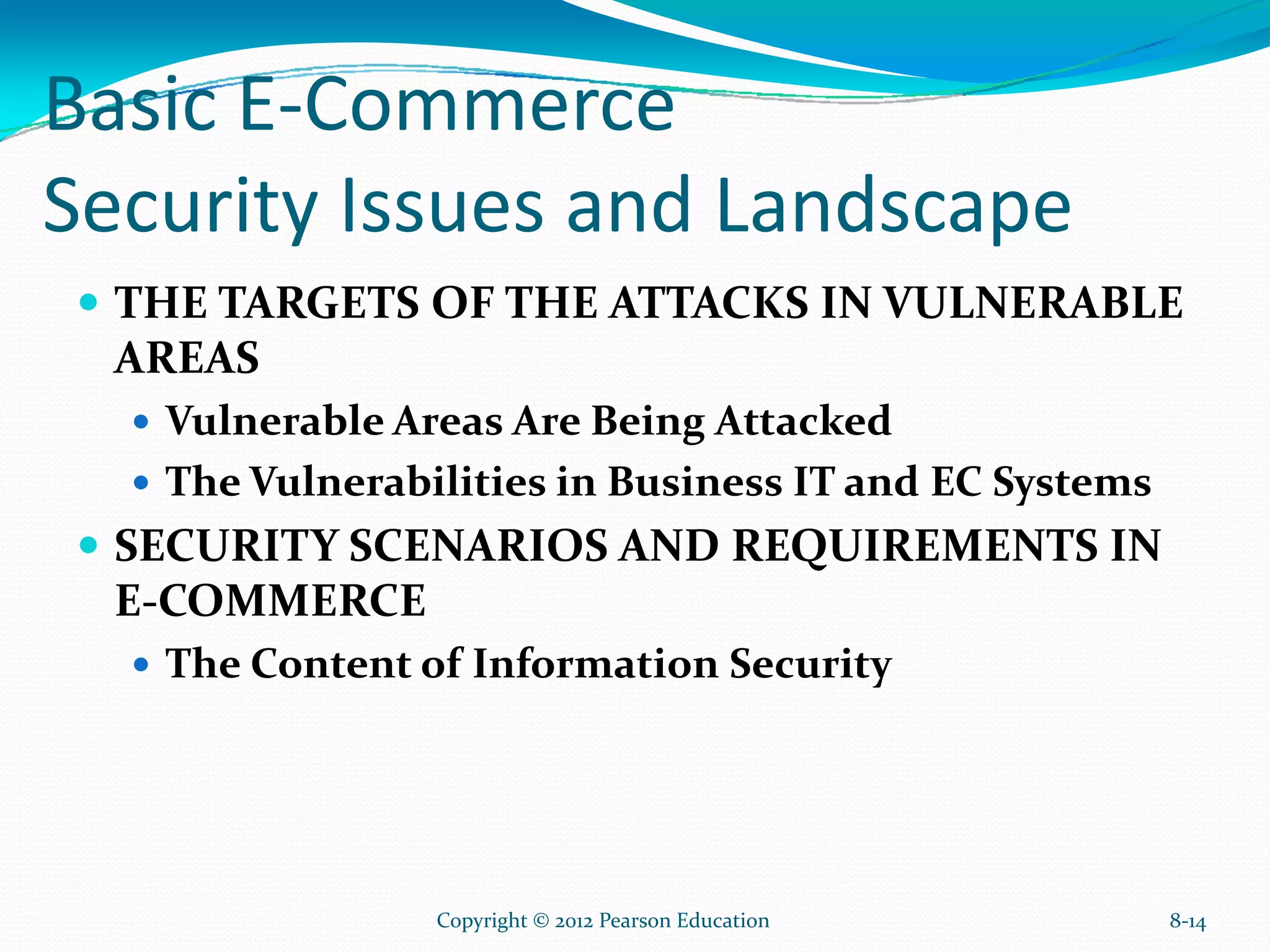 Basic E-Commerce
Security Issues and Landscape
THE TARGETS OF THE ATTACKS IN VULNERABLE
AREAS
Vulnerable Areas Are Being Attacked
The Vulnerabilities in Business IT and EC Systems
SECURITY SCENARIOS AND REQUIREMENTS IN
E-COMMERCE
The Content of Information Security
8-14Copyright © 2012 Pearson Education
 