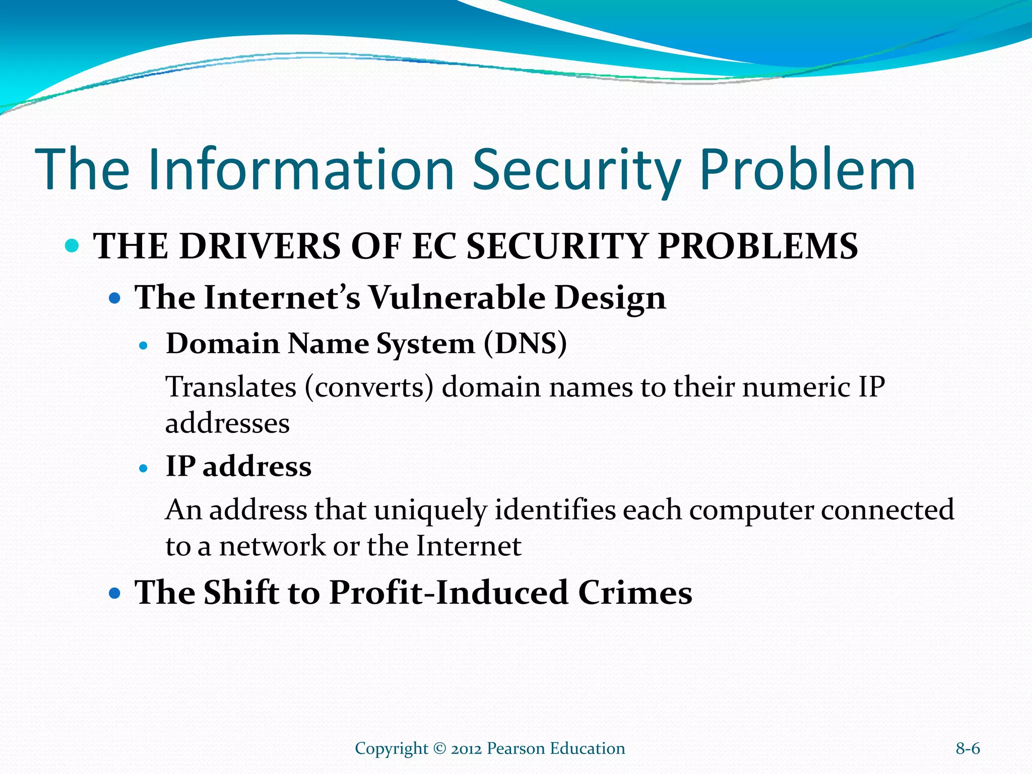The Information Security Problem
THE DRIVERS OF EC SECURITY PROBLEMS
The Internet’s Vulnerable Design
Domain Name System (DNS)
Translates (converts) domain names to their numeric IP
addresses
IP address
An address that uniquely identifies each computer connected
to a network or the Internet
The Shift to Profit-Induced Crimes
8-6Copyright © 2012 Pearson Education
 