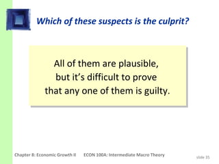Which of these suspects is the culprit?



                 All of them are plausible,
                 All of them are plausible,
                 but it’s difficult to prove
                  but it’s difficult to prove
              that any one of them is guilty.
               that any one of them is guilty.




Chapter 8: Economic Growth II   ECON 100A: Intermediate Macro Theory   slide 35
 