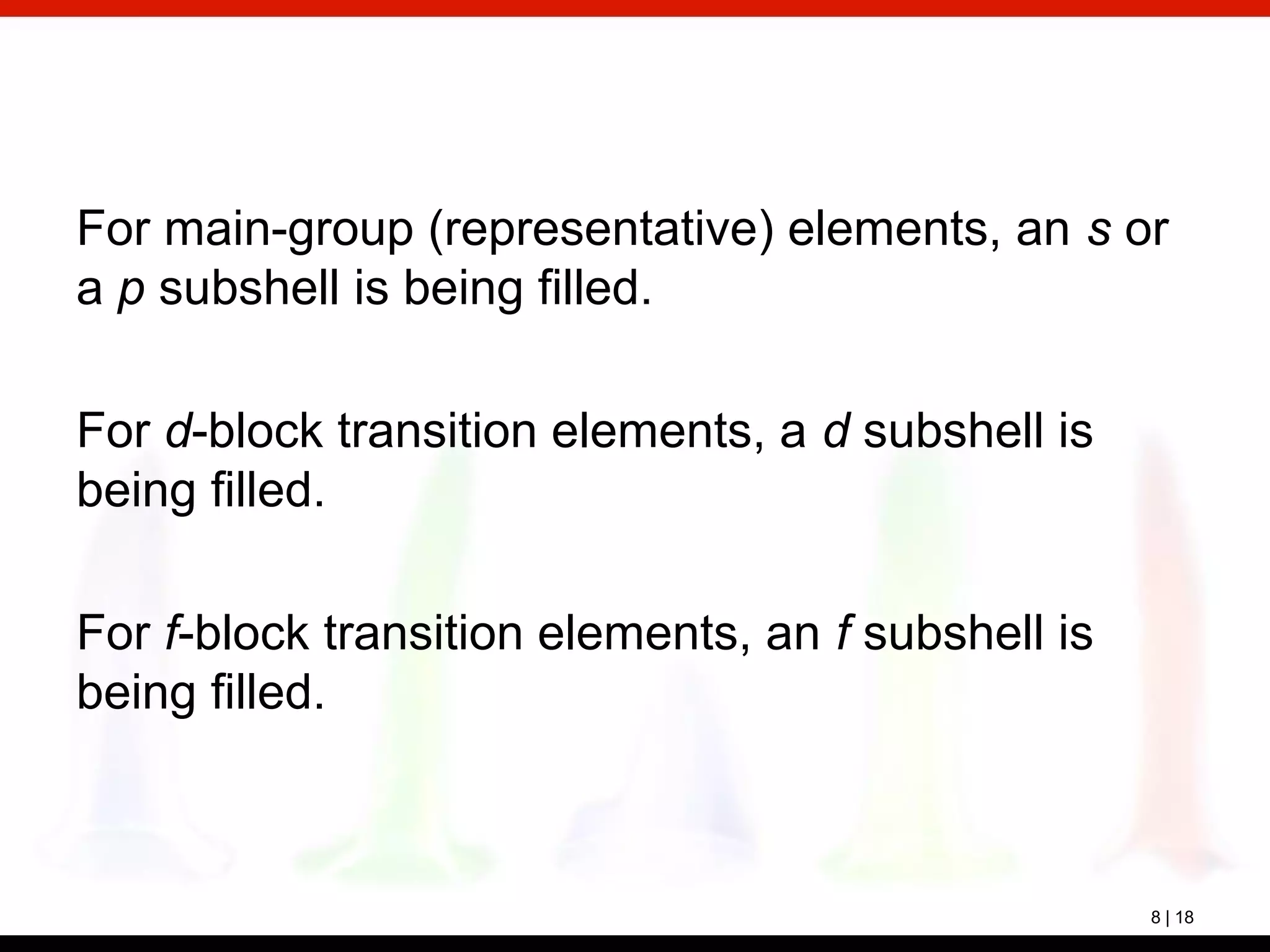 8 | 18
For main-group (representative) elements, an s or
a p subshell is being filled.
For d-block transition elements, a d subshell is
being filled.
For f-block transition elements, an f subshell is
being filled.
 