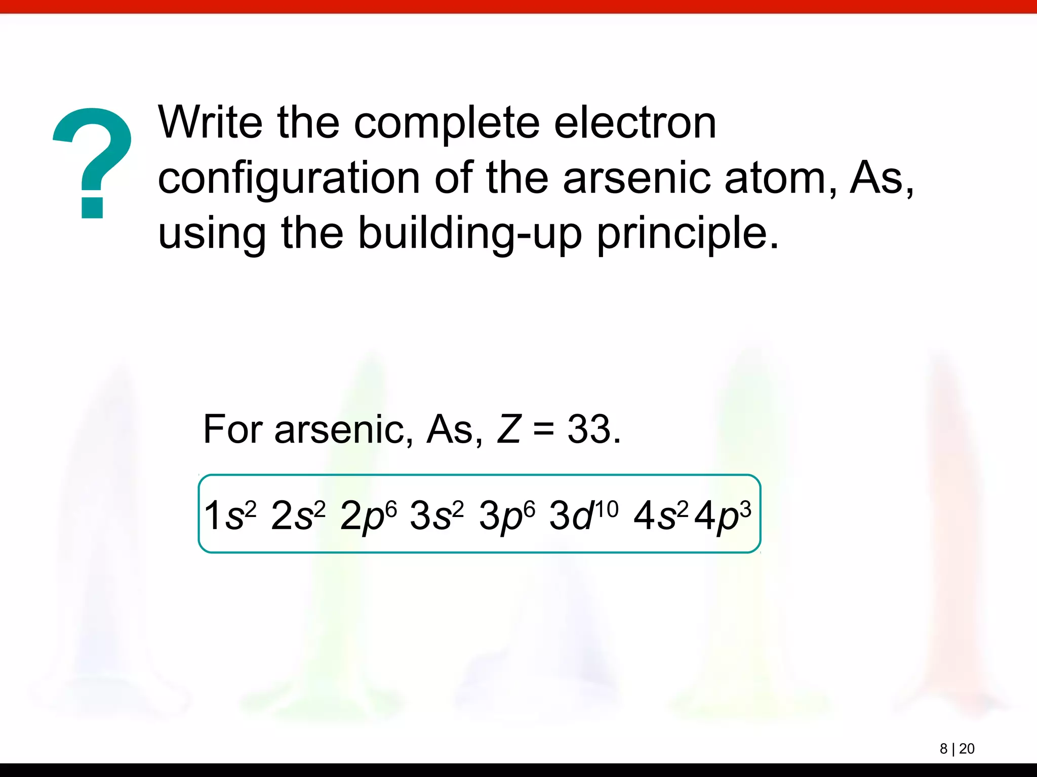 ?
8 | 20
Write the complete electron
configuration of the arsenic atom, As,
using the building-up principle.
1s2
2s2
2p6
3s2
3p6
3d10
4s2
4p3
For arsenic, As, Z = 33.
 