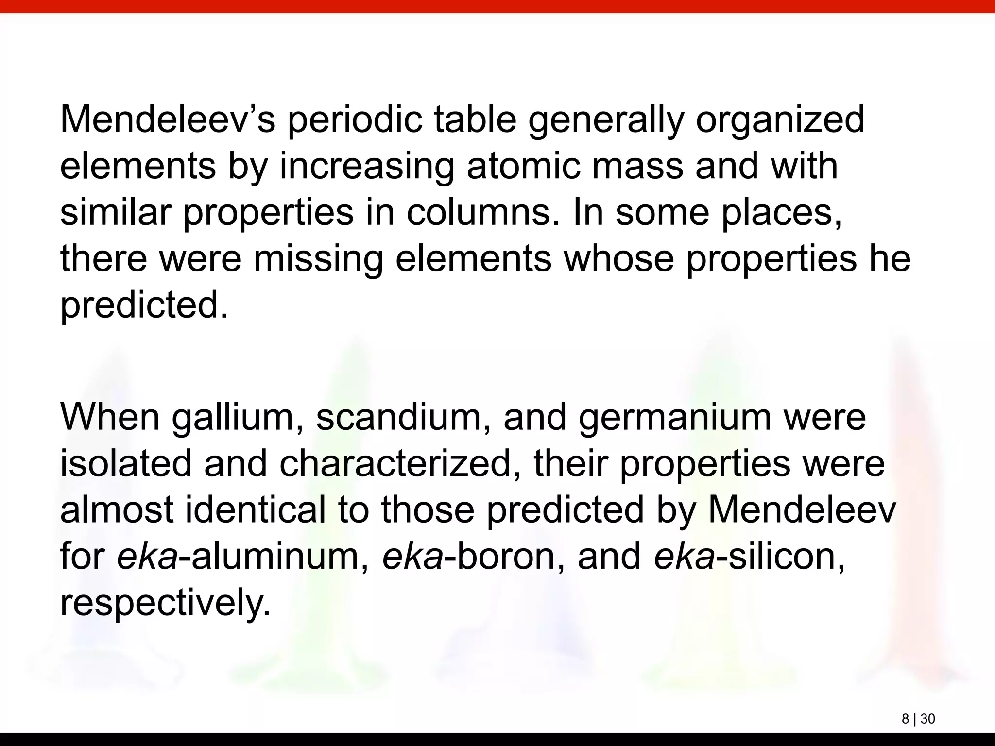 8 | 30
Mendeleev’s periodic table generally organized
elements by increasing atomic mass and with
similar properties in columns. In some places,
there were missing elements whose properties he
predicted.
When gallium, scandium, and germanium were
isolated and characterized, their properties were
almost identical to those predicted by Mendeleev
for eka-aluminum, eka-boron, and eka-silicon,
respectively.
 