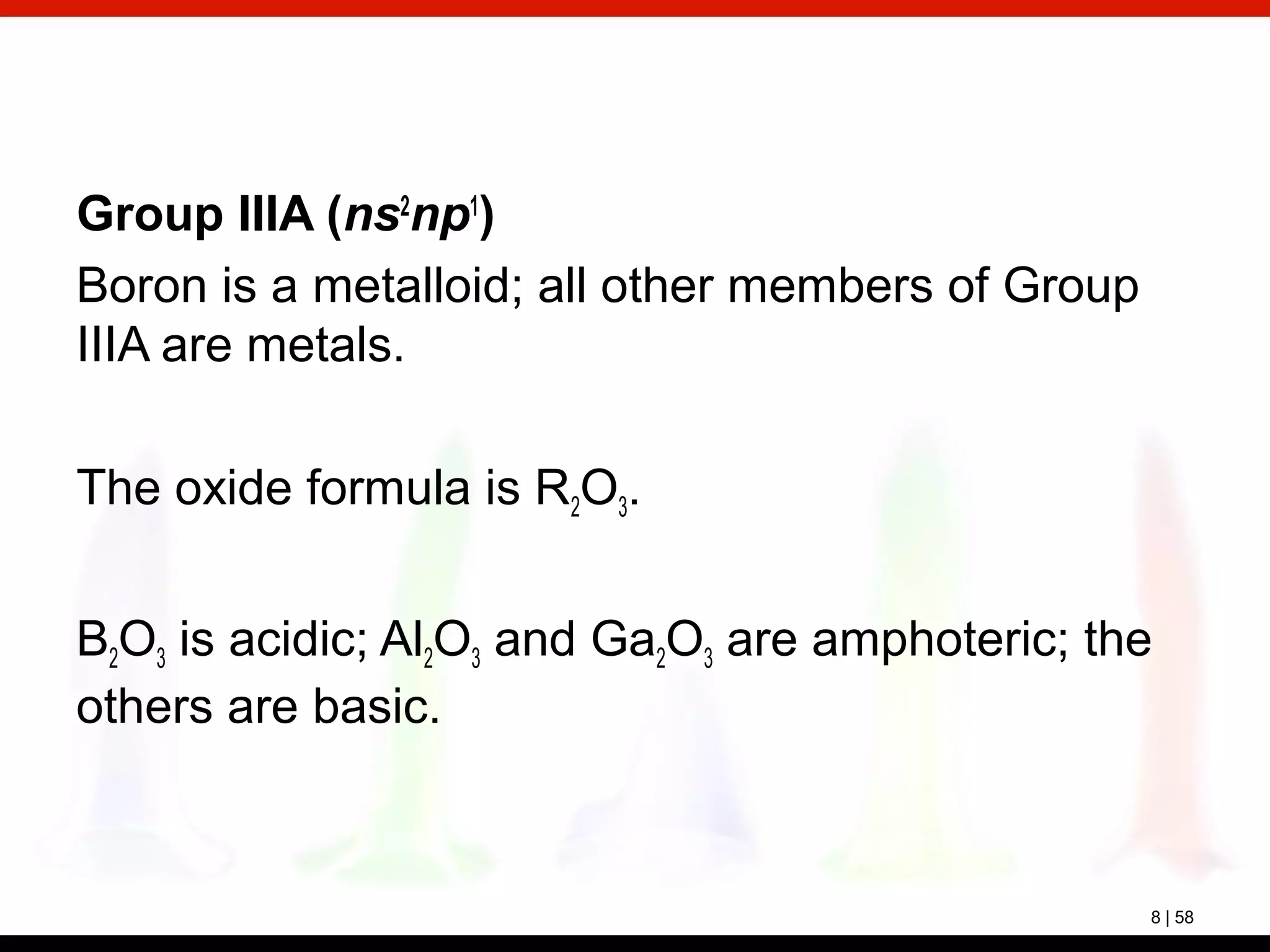 8 | 58
Group IIIA (ns2
np1
)
Boron is a metalloid; all other members of Group
IIIA are metals.
The oxide formula is R2O3.
B2O3 is acidic; Al2O3 and Ga2O3 are amphoteric; the
others are basic.
 