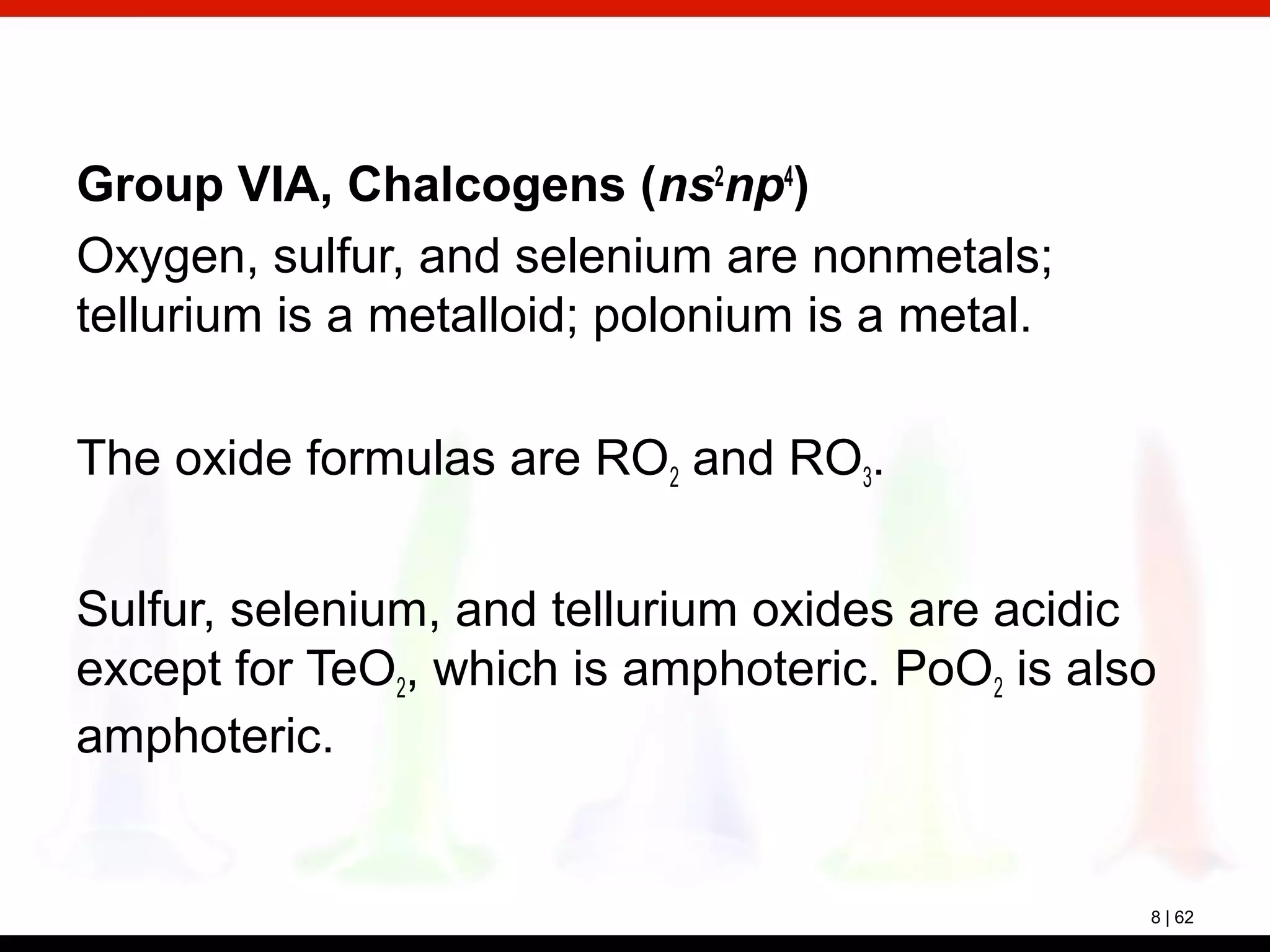 8 | 62
Group VIA, Chalcogens (ns2
np4
)
Oxygen, sulfur, and selenium are nonmetals;
tellurium is a metalloid; polonium is a metal.
The oxide formulas are RO2 and RO3.
Sulfur, selenium, and tellurium oxides are acidic
except for TeO2, which is amphoteric. PoO2 is also
amphoteric.
 