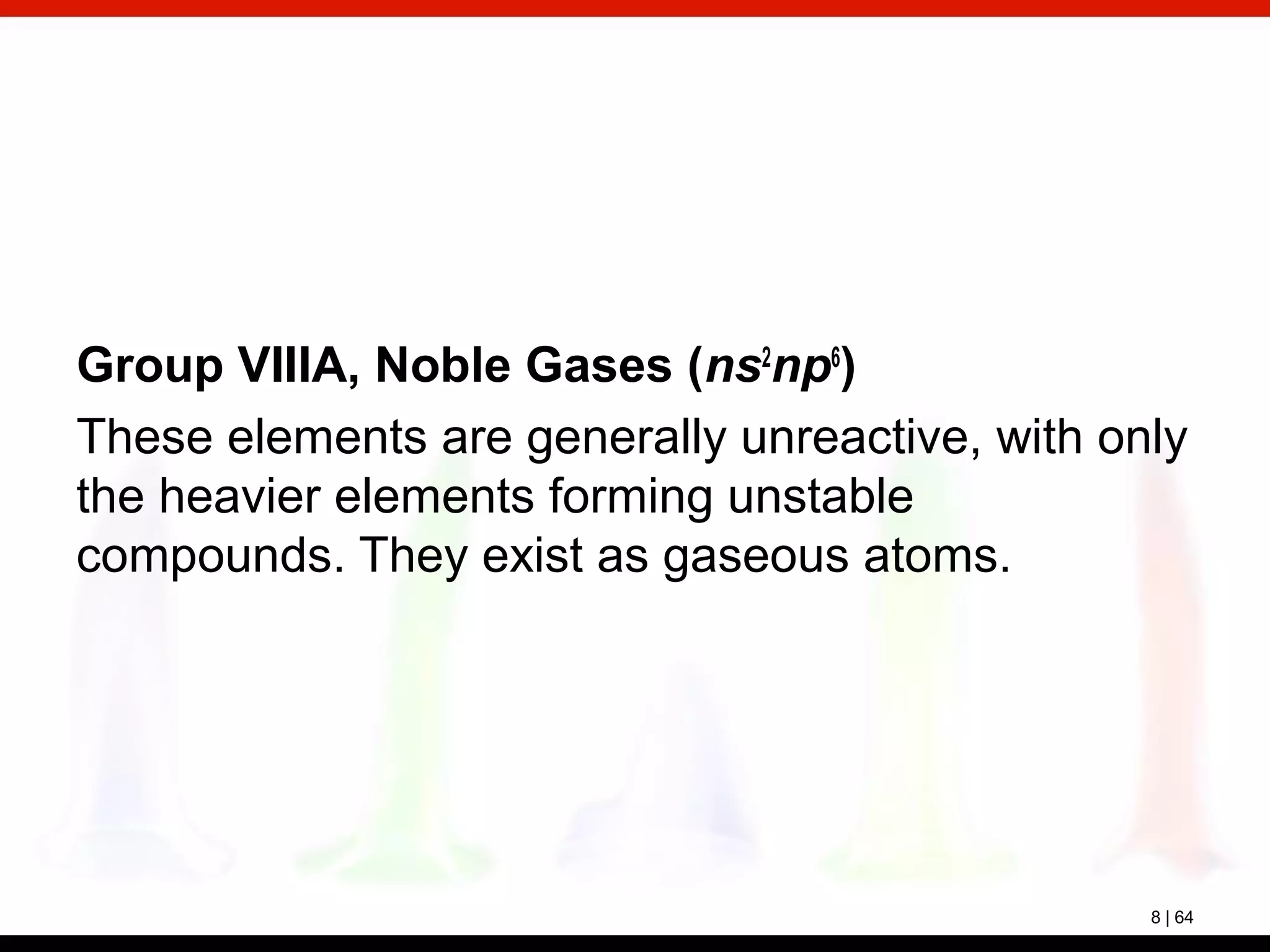 8 | 64
Group VIIIA, Noble Gases (ns2
np6
)
These elements are generally unreactive, with only
the heavier elements forming unstable
compounds. They exist as gaseous atoms.
 