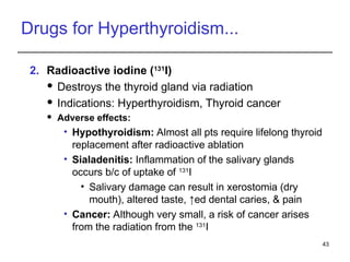 Drugs for Hyperthyroidism...
2. Radioactive iodine (131
I)
 Destroys the thyroid gland via radiation
 Indications: Hyperthyroidism, Thyroid cancer
 Adverse effects:
• Hypothyroidism: Almost all pts require lifelong thyroid
replacement after radioactive ablation
• Sialadenitis: Inflammation of the salivary glands
occurs b/c of uptake of 131
I
• Salivary damage can result in xerostomia (dry
mouth), altered taste, ↑ed dental caries, & pain
• Cancer: Although very small, a risk of cancer arises
from the radiation from the 131
I
43
 