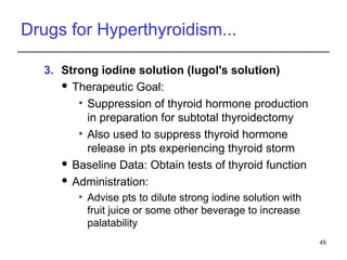 Drugs for Hyperthyroidism...
3. Strong iodine solution (lugol's solution)
 Therapeutic Goal:
• Suppression of thyroid hormone production
in preparation for subtotal thyroidectomy
• Also used to suppress thyroid hormone
release in pts experiencing thyroid storm
 Baseline Data: Obtain tests of thyroid function
 Administration:
• Advise pts to dilute strong iodine solution with
fruit juice or some other beverage to increase
palatability
45
 