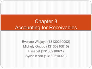 Chapter 8
Accounting for Receivables
Evelyne Widjaya (13130210002)
Michely Onggo (13130210015)
Elisabet (13130210021)
Sylvia Khan (13130210029)

 