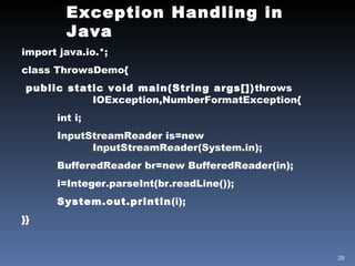Exception Handling in Java import java.io.*; class ThrowsDemo{ public static void main(String args[]) throws  IOException,NumberFormatException{ int i; InputStreamReader is=new  InputStreamReader(System.in); BufferedReader br=new BufferedReader(in); i=Integer.parseInt(br.readLine()); System.out.println (i); }} 