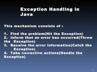 Exception Handling in Java This mechanism consists of : 1.  Find the problem(Hit the Exception) 2.  Inform that an error has occurred(Throw the  Exception) 3.  Receive the error Information(Catch the  Exception) 4.  Take corrective actions(Handle the Exception)  