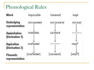 Phonological Rules
Definition
A phonological derivation is the set of stages used to
generate the phonetic representation of a word from its
underlying representation.
Discussion
Here is a diagram of the stages in a derivation.
Phonological rules influence each stage of a derivation:
Examples (English)
Here are some examples of the derivations of words
having the negative prefix /In/:
 