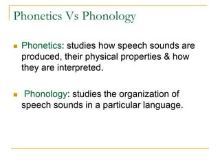 Phonetics Vs Phonology
 Phonetics: studies how speech sounds are
produced, their physical properties & how
they are interpreted.
 Phonology: studies the organization of
speech sounds in a particular language.
 