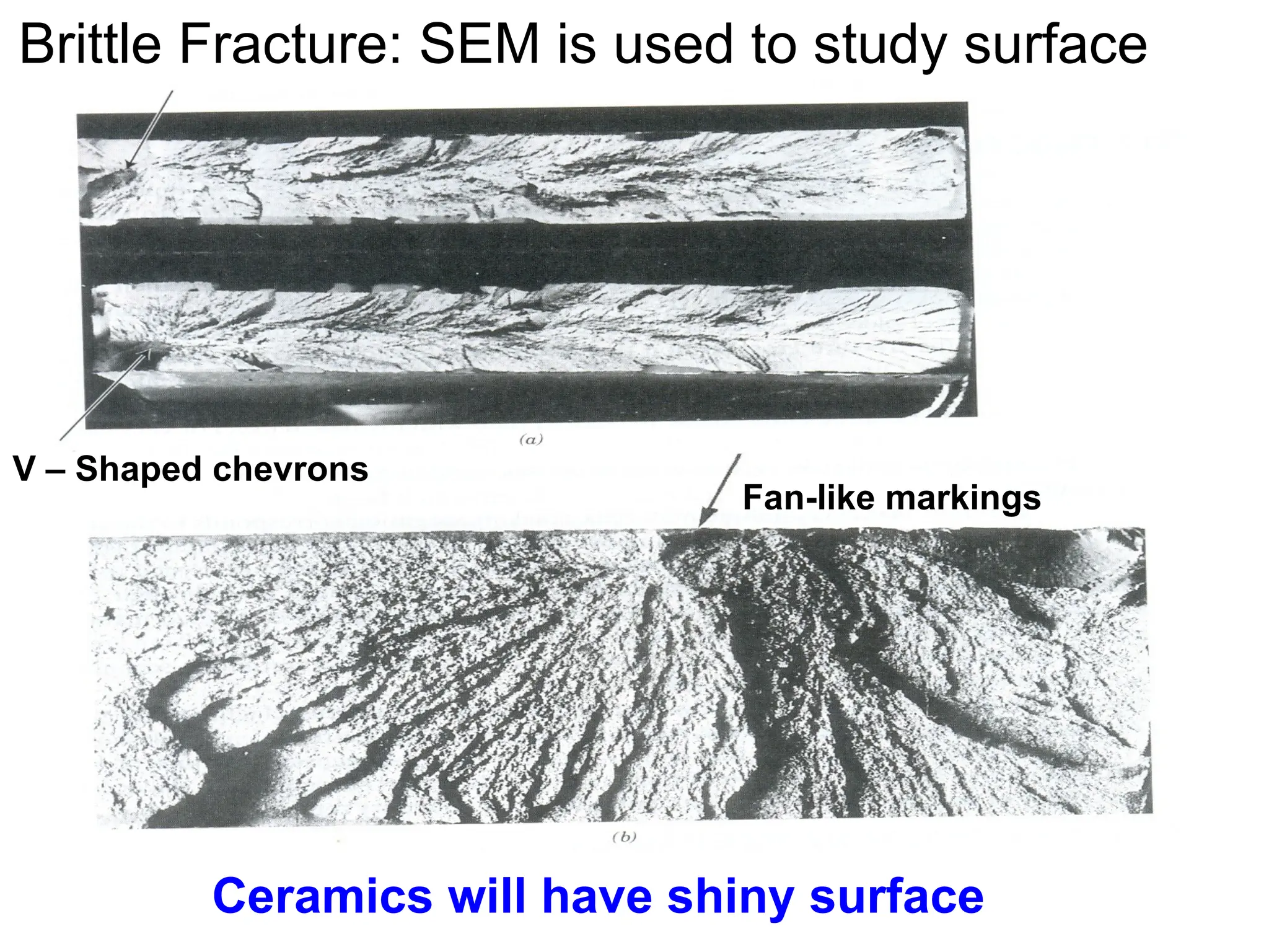 Brittle Fracture: SEM is used to study surface
V – Shaped chevrons
Fan-like markings
Ceramics will have shiny surface
 