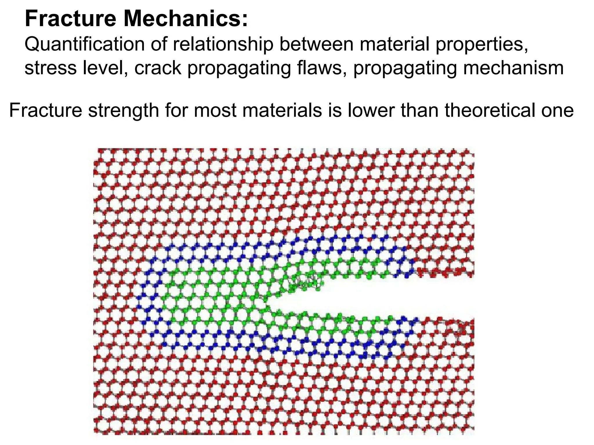 Fracture Mechanics:
Quantification of relationship between material properties,
stress level, crack propagating flaws, propagating mechanism
Fracture strength for most materials is lower than theoretical one
 
