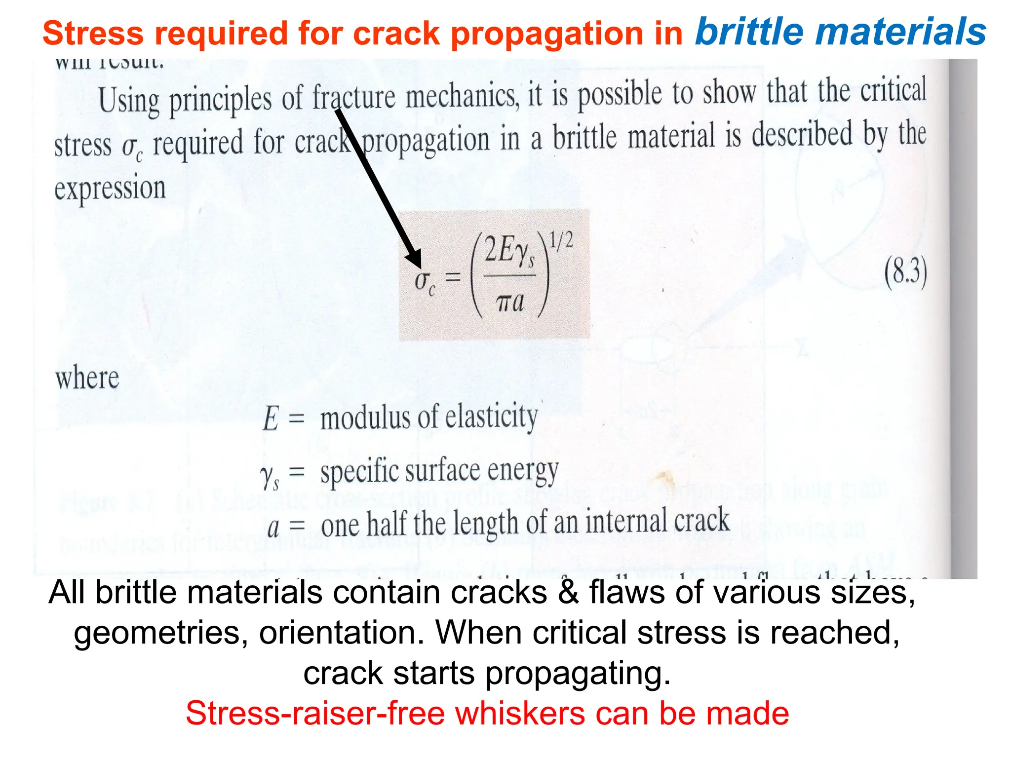 Stress required for crack propagation in brittle materials
All brittle materials contain cracks & flaws of various sizes,
geometries, orientation. When critical stress is reached,
crack starts propagating.
Stress-raiser-free whiskers can be made
 