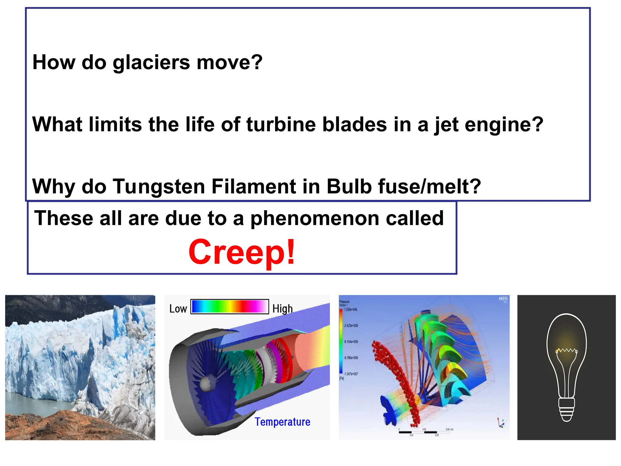 How do glaciers move?
What limits the life of turbine blades in a jet engine?
Why do Tungsten Filament in Bulb fuse/melt?
These all are due to a phenomenon called
Creep!
 
