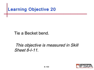 Tie a Becket bend.
This objective is measured in Skill
Sheet 8-I-11.
Learning Objective 20
8–100
 