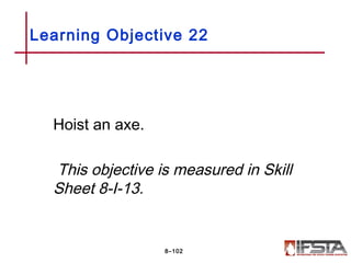 Hoist an axe.
This objective is measured in Skill
Sheet 8-I-13.
Learning Objective 22
8–102
 