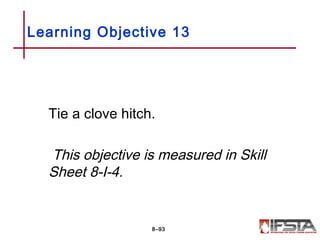 Tie a clove hitch.
This objective is measured in Skill
Sheet 8-I-4.
Learning Objective 13
8–93
 