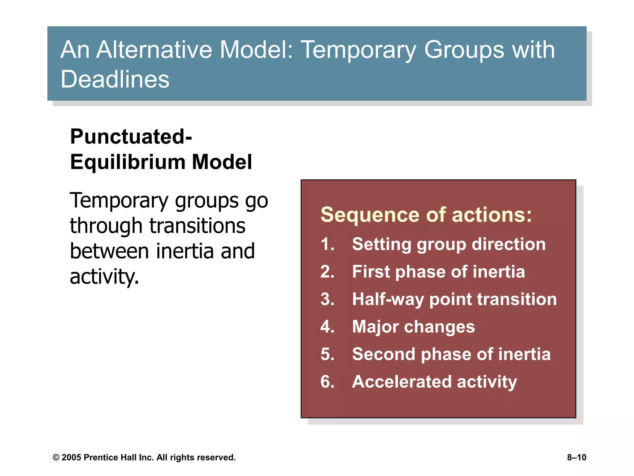 © 2005 Prentice Hall Inc. All rights reserved. 8–10
An Alternative Model: Temporary Groups with
Deadlines
Sequence of actions:
1. Setting group direction
2. First phase of inertia
3. Half-way point transition
4. Major changes
5. Second phase of inertia
6. Accelerated activity
Punctuated-
Equilibrium Model
Temporary groups go
through transitions
between inertia and
activity.
 