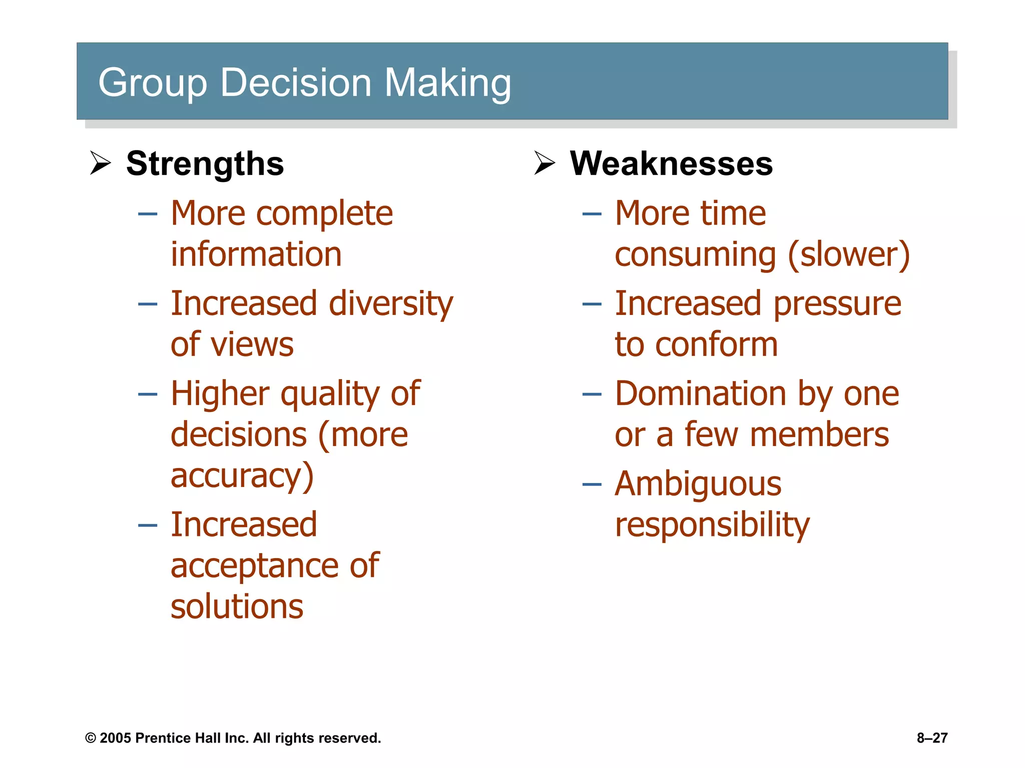 © 2005 Prentice Hall Inc. All rights reserved. 8–27
Group Decision Making
 Strengths
– More complete
information
– Increased diversity
of views
– Higher quality of
decisions (more
accuracy)
– Increased
acceptance of
solutions
 Weaknesses
– More time
consuming (slower)
– Increased pressure
to conform
– Domination by one
or a few members
– Ambiguous
responsibility
 