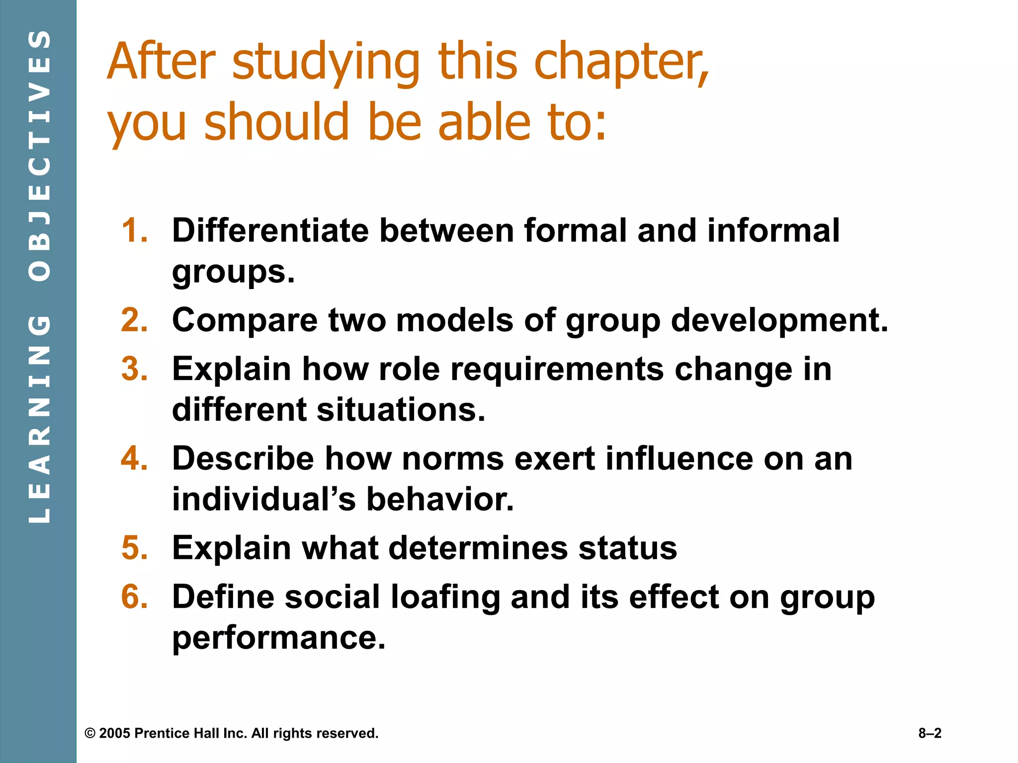 © 2005 Prentice Hall Inc. All rights reserved. 8–2
After studying this chapter,
you should be able to:
1. Differentiate between formal and informal
groups.
2. Compare two models of group development.
3. Explain how role requirements change in
different situations.
4. Describe how norms exert influence on an
individual’s behavior.
5. Explain what determines status
6. Define social loafing and its effect on group
performance.
L
E
A
R
N
I
N
G
O
B
J
E
C
T
I
V
E
S
 