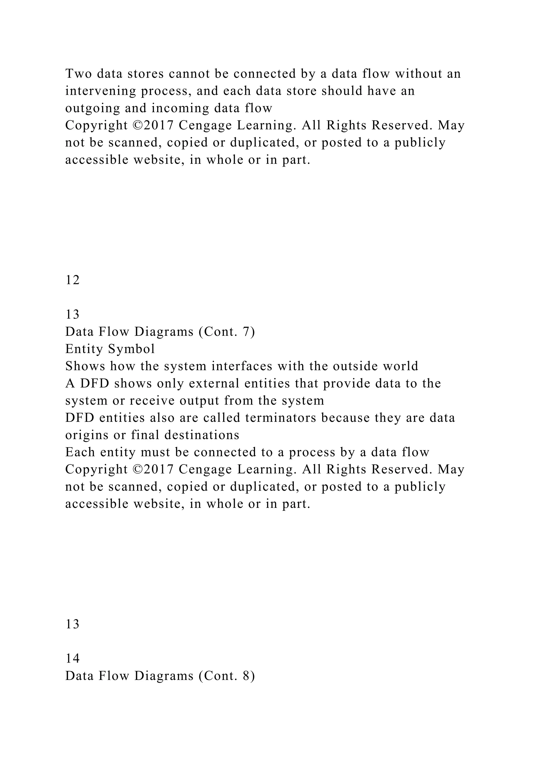 Two data stores cannot be connected by a data flow without an
intervening process, and each data store should have an
outgoing and incoming data flow
Copyright ©2017 Cengage Learning. All Rights Reserved. May
not be scanned, copied or duplicated, or posted to a publicly
accessible website, in whole or in part.
12
13
Data Flow Diagrams (Cont. 7)
Entity Symbol
Shows how the system interfaces with the outside world
A DFD shows only external entities that provide data to the
system or receive output from the system
DFD entities also are called terminators because they are data
origins or final destinations
Each entity must be connected to a process by a data flow
Copyright ©2017 Cengage Learning. All Rights Reserved. May
not be scanned, copied or duplicated, or posted to a publicly
accessible website, in whole or in part.
13
14
Data Flow Diagrams (Cont. 8)
 