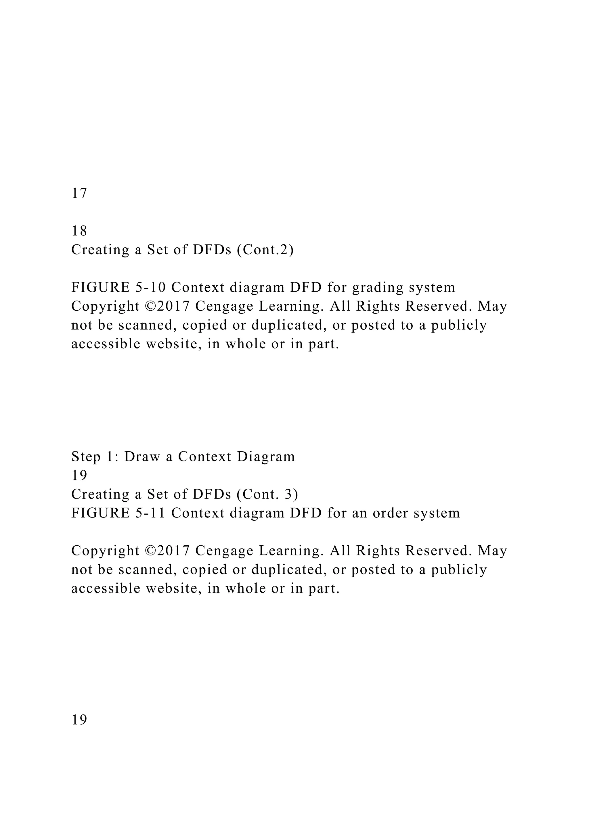 17
18
Creating a Set of DFDs (Cont.2)
FIGURE 5-10 Context diagram DFD for grading system
Copyright ©2017 Cengage Learning. All Rights Reserved. May
not be scanned, copied or duplicated, or posted to a publicly
accessible website, in whole or in part.
Step 1: Draw a Context Diagram
19
Creating a Set of DFDs (Cont. 3)
FIGURE 5-11 Context diagram DFD for an order system
Copyright ©2017 Cengage Learning. All Rights Reserved. May
not be scanned, copied or duplicated, or posted to a publicly
accessible website, in whole or in part.
19
 