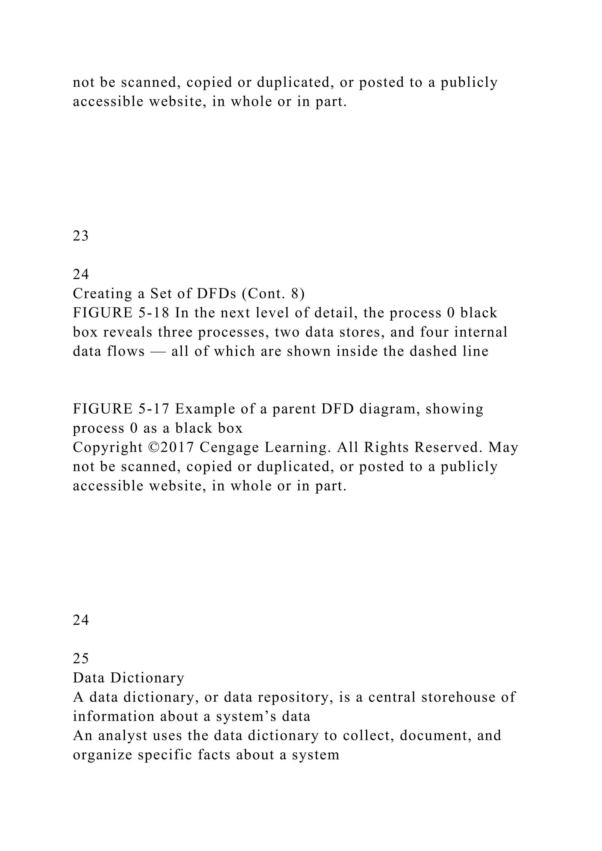 not be scanned, copied or duplicated, or posted to a publicly
accessible website, in whole or in part.
23
24
Creating a Set of DFDs (Cont. 8)
FIGURE 5-18 In the next level of detail, the process 0 black
box reveals three processes, two data stores, and four internal
data flows — all of which are shown inside the dashed line
FIGURE 5-17 Example of a parent DFD diagram, showing
process 0 as a black box
Copyright ©2017 Cengage Learning. All Rights Reserved. May
not be scanned, copied or duplicated, or posted to a publicly
accessible website, in whole or in part.
24
25
Data Dictionary
A data dictionary, or data repository, is a central storehouse of
information about a system’s data
An analyst uses the data dictionary to collect, document, and
organize specific facts about a system
 