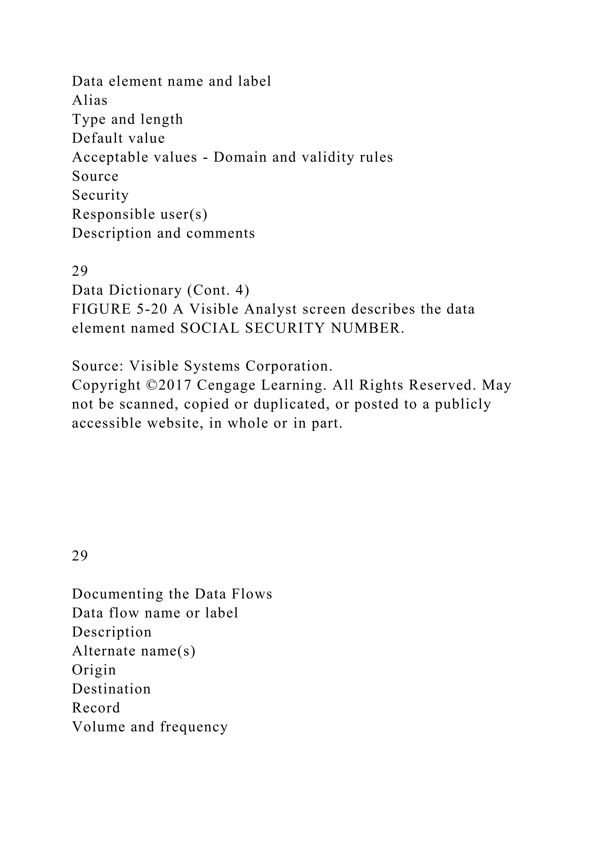 Data element name and label
Alias
Type and length
Default value
Acceptable values - Domain and validity rules
Source
Security
Responsible user(s)
Description and comments
29
Data Dictionary (Cont. 4)
FIGURE 5-20 A Visible Analyst screen describes the data
element named SOCIAL SECURITY NUMBER.
Source: Visible Systems Corporation.
Copyright ©2017 Cengage Learning. All Rights Reserved. May
not be scanned, copied or duplicated, or posted to a publicly
accessible website, in whole or in part.
29
Documenting the Data Flows
Data flow name or label
Description
Alternate name(s)
Origin
Destination
Record
Volume and frequency
 