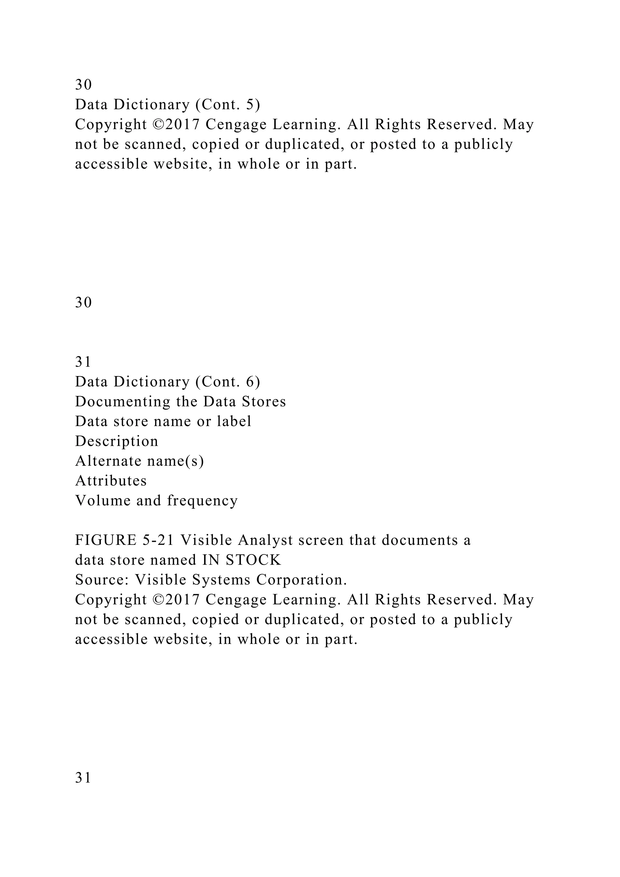 30
Data Dictionary (Cont. 5)
Copyright ©2017 Cengage Learning. All Rights Reserved. May
not be scanned, copied or duplicated, or posted to a publicly
accessible website, in whole or in part.
30
31
Data Dictionary (Cont. 6)
Documenting the Data Stores
Data store name or label
Description
Alternate name(s)
Attributes
Volume and frequency
FIGURE 5-21 Visible Analyst screen that documents a
data store named IN STOCK
Source: Visible Systems Corporation.
Copyright ©2017 Cengage Learning. All Rights Reserved. May
not be scanned, copied or duplicated, or posted to a publicly
accessible website, in whole or in part.
31
 
