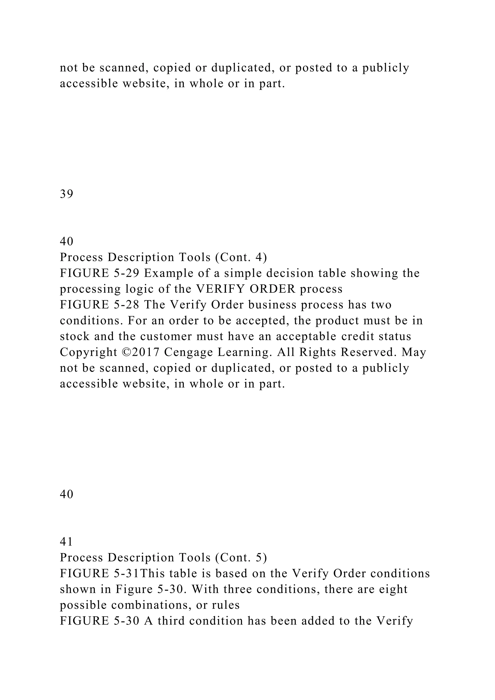 not be scanned, copied or duplicated, or posted to a publicly
accessible website, in whole or in part.
39
40
Process Description Tools (Cont. 4)
FIGURE 5-29 Example of a simple decision table showing the
processing logic of the VERIFY ORDER process
FIGURE 5-28 The Verify Order business process has two
conditions. For an order to be accepted, the product must be in
stock and the customer must have an acceptable credit status
Copyright ©2017 Cengage Learning. All Rights Reserved. May
not be scanned, copied or duplicated, or posted to a publicly
accessible website, in whole or in part.
40
41
Process Description Tools (Cont. 5)
FIGURE 5-31This table is based on the Verify Order conditions
shown in Figure 5-30. With three conditions, there are eight
possible combinations, or rules
FIGURE 5-30 A third condition has been added to the Verify
 