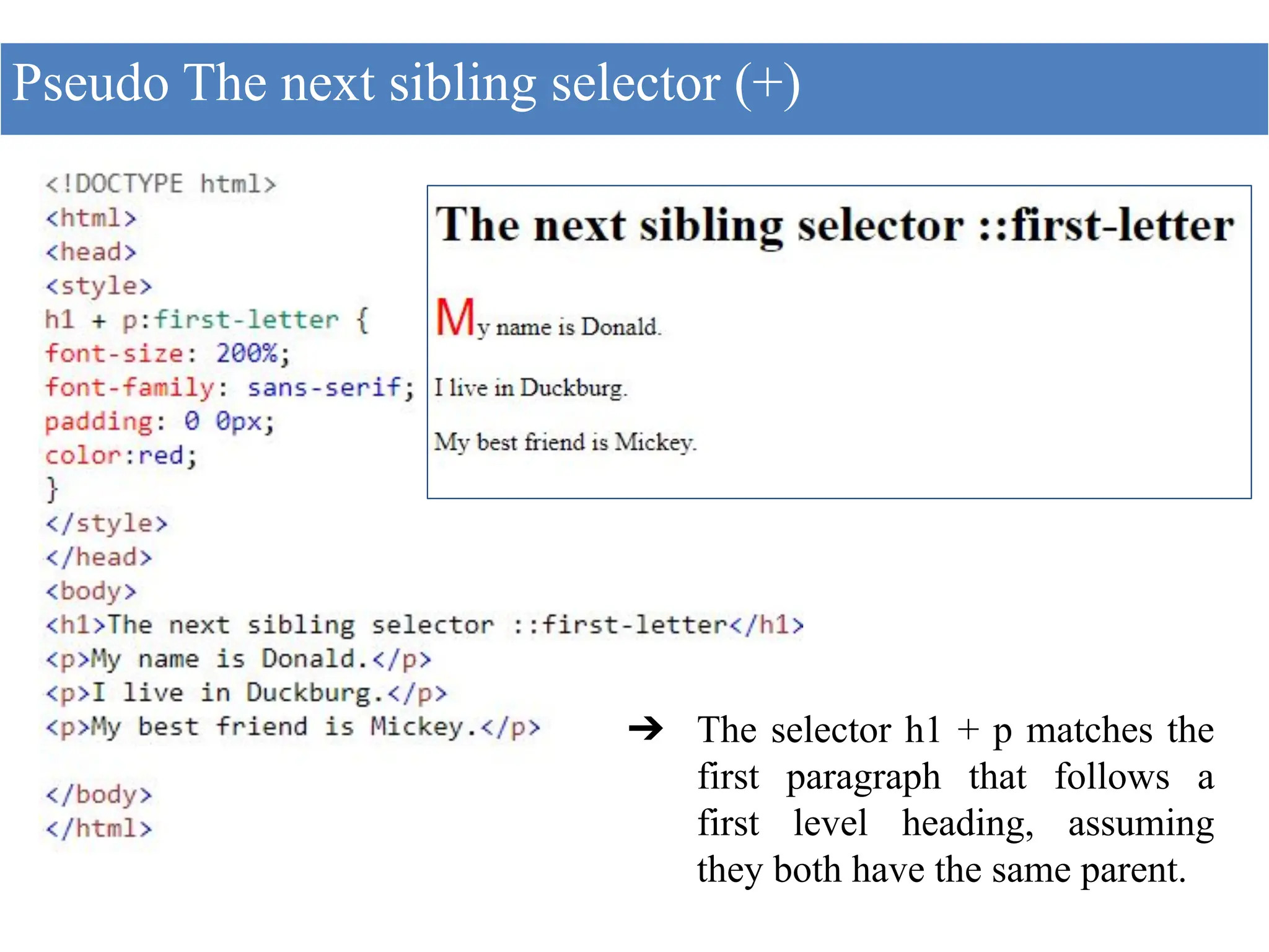 Pseudo The next sibling selector (+)
➔ The selector h1 + p matches the
first paragraph that follows a
first level heading, assuming
they both have the same parent.
 
