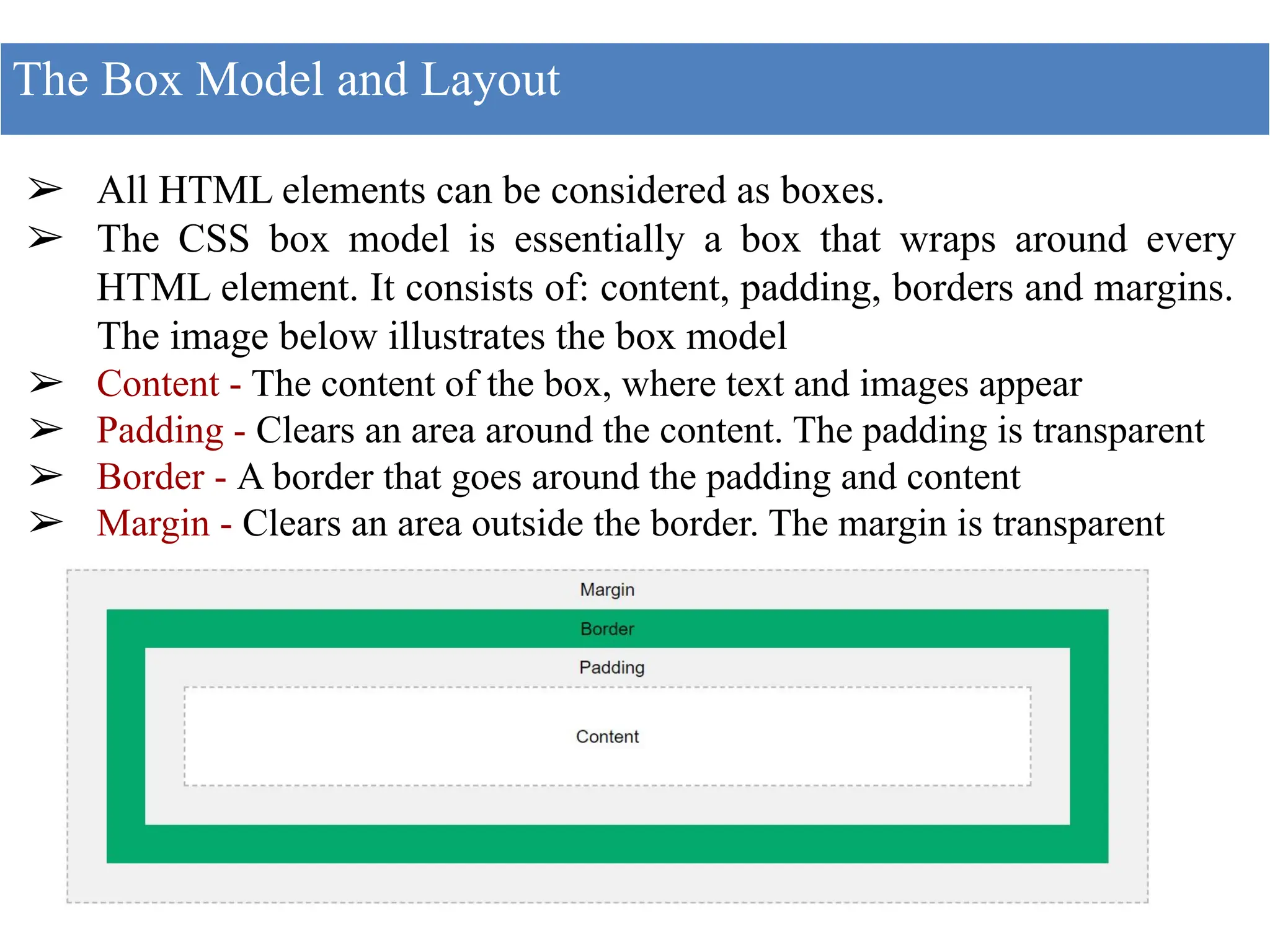 ➢ All HTML elements can be considered as boxes.
➢ The CSS box model is essentially a box that wraps around every
HTML element. It consists of: content, padding, borders and margins.
The image below illustrates the box model
➢ Content - The content of the box, where text and images appear
➢ Padding - Clears an area around the content. The padding is transparent
➢ Border - A border that goes around the padding and content
➢ Margin - Clears an area outside the border. The margin is transparent
The Box Model and Layout
 