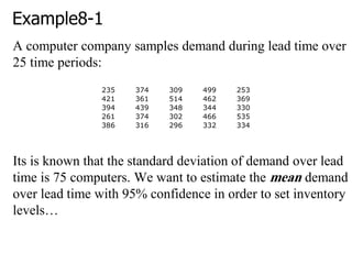 Example8-1
A computer company samples demand during lead time over
25 time periods:
Its is known that the standard deviation of demand over lead
time is 75 computers. We want to estimate the mean demand
over lead time with 95% confidence in order to set inventory
levels…
235 374 309 499 253
421 361 514 462 369
394 439 348 344 330
261 374 302 466 535
386 316 296 332 334
 