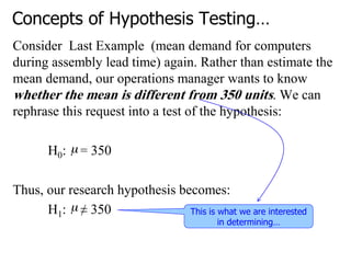 Concepts of Hypothesis Testing…
Consider Last Example (mean demand for computers
during assembly lead time) again. Rather than estimate the
mean demand, our operations manager wants to know
whether the mean is different from 350 units. We can
rephrase this request into a test of the hypothesis:
H0: = 350
Thus, our research hypothesis becomes:
H1: ≠ 350 This is what we are interested
in determining…
 