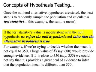 Concepts of Hypothesis Testing…
Once the null and alternative hypotheses are stated, the next
step is to randomly sample the population and calculate a
test statistic (in this example, the sample mean).
If the test statistic‘s value is inconsistent with the null
hypothesis we reject the null hypothesis and infer that the
alternative hypothesis is true.
For example, if we‘re trying to decide whether the mean is
not equal to 350, a large value of (say, 600) would provide
enough evidence. If is close to 350 (say, 355) we could
not say that this provides a great deal of evidence to infer
that the population mean is different than 350.
 