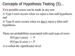Concepts of Hypothesis Testing (5)…
Two possible errors can be made in any test:
A Type I error occurs when we reject a true null hypothesis
and
A Type II error occurs when we don‘t reject a false null
hypothesis.
There are probabilities associated with each type of error:
P(Type I error) =
P(Type II error ) =
Α is called the significance level.
 