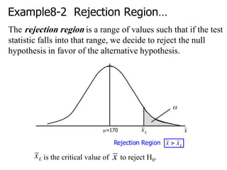 Example8-2 Rejection Region…
The rejection region is a range of values such that if the test
statistic falls into that range, we decide to reject the null
hypothesis in favor of the alternative hypothesis.
is the critical value of to reject H0.
 