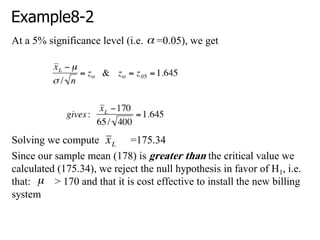 Example8-2
At a 5% significance level (i.e. =0.05), we get
Solving we compute =175.34
Since our sample mean (178) is greater than the critical value we
calculated (175.34), we reject the null hypothesis in favor of H1, i.e.
that: > 170 and that it is cost effective to install the new billing
system
 