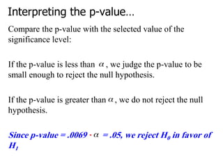 Interpreting the p-value…
Compare the p-value with the selected value of the
significance level:
If the p-value is less than , we judge the p-value to be
small enough to reject the null hypothesis.
If the p-value is greater than , we do not reject the null
hypothesis.
Since p-value = .0069 < = .05, we reject H0 in favor of
H1
 