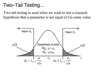 Two–Tail Testing…
Two tail testing is used when we want to test a research
hypothesis that a parameter is not equal (≠) to some value
 