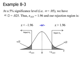 Example 8-3
At a 5% significance level (i.e. = .05), we have
/2 = .025. Thus, z.025 = 1.96 and our rejection region is:
z < –1.96 -or- z > 1.96
z
-z.025 +z.025
0
 