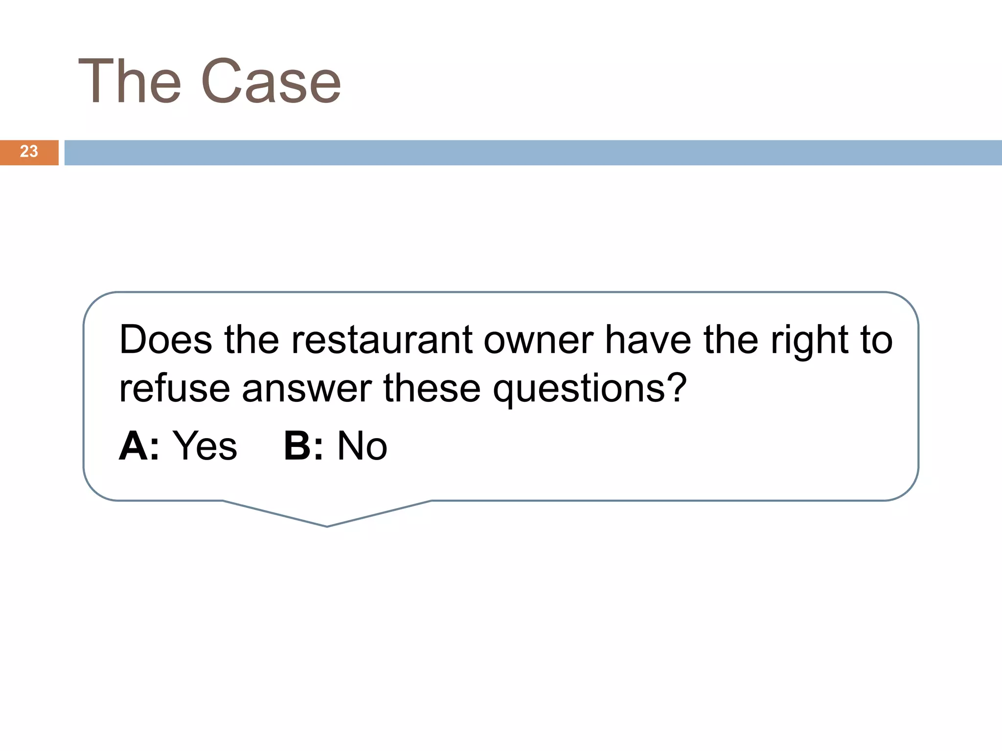 The Case
23
Does the restaurant owner have the right to
refuse answer these questions?
A: Yes B: No
 