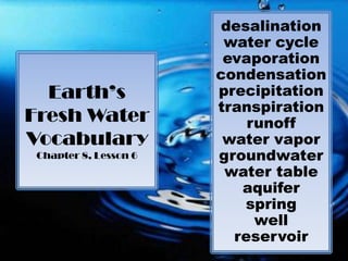 desalination water cycle evaporation condensation precipitation transpiration runoff water vapor groundwater water table aquifer spring well reservoir Earth’s Fresh Water VocabularyChapter 8, Lesson 6 